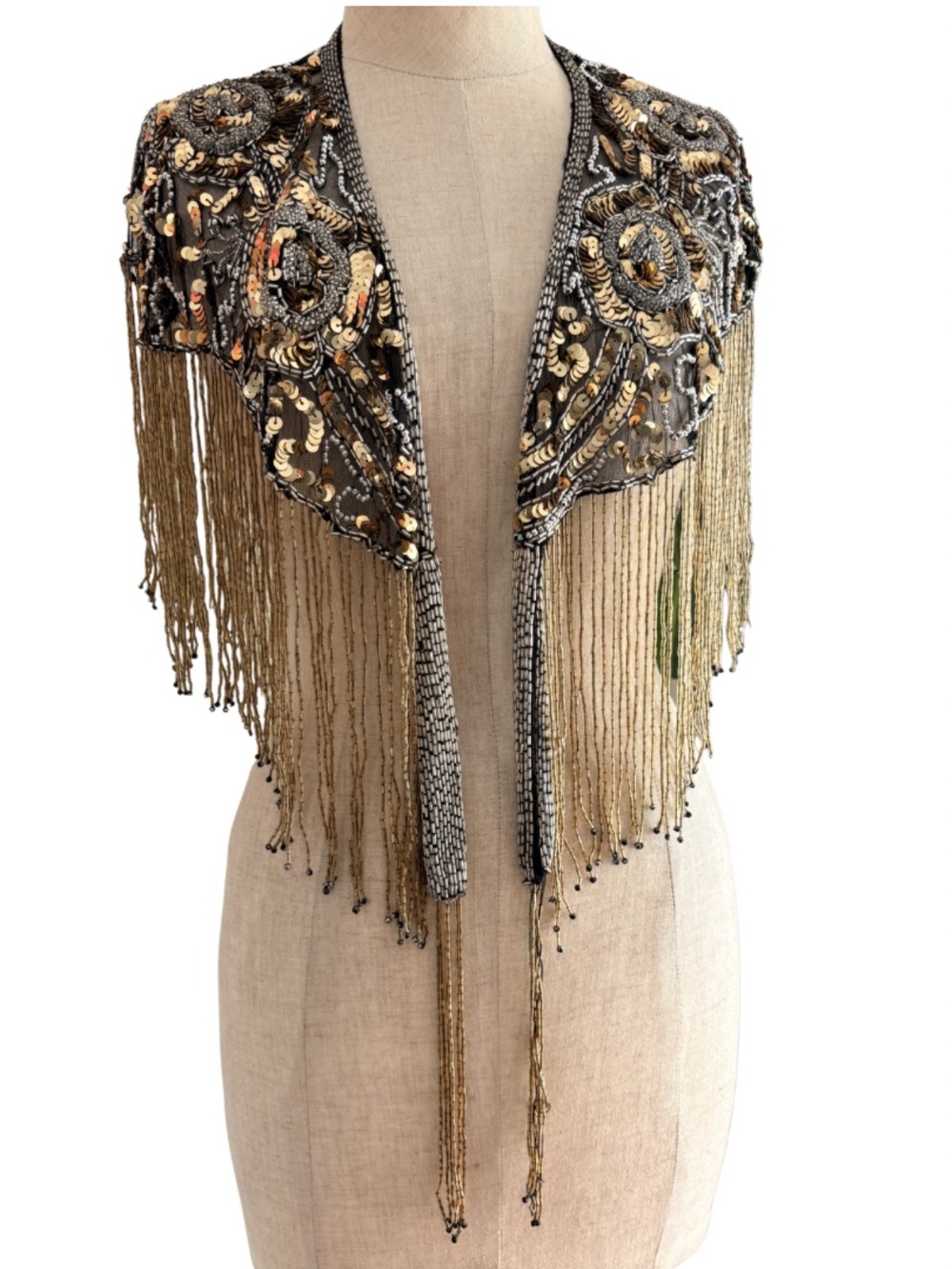Beaded Fringe Embellished Shawl Bolero - Gold & Black